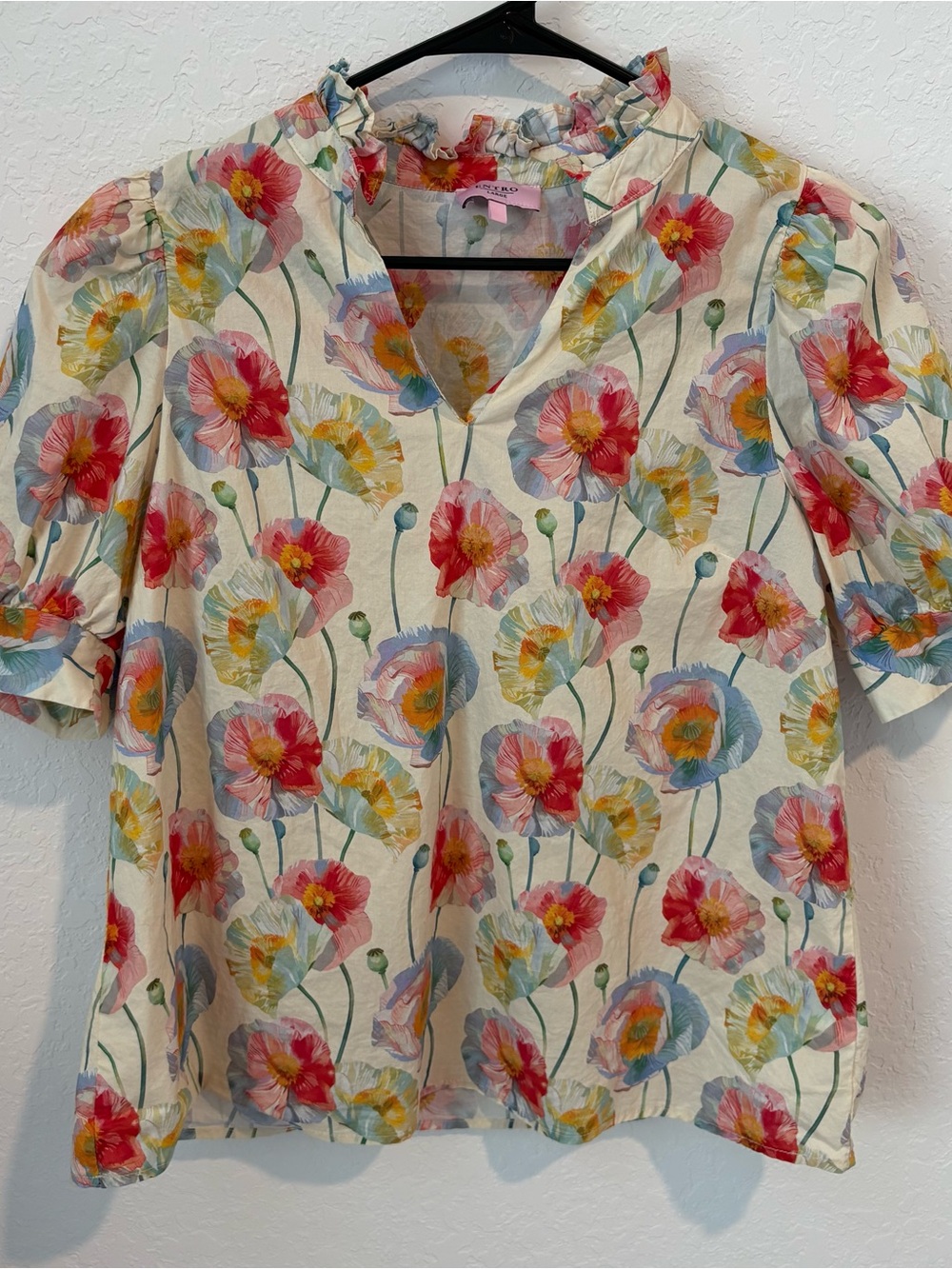 Entro Floral Short-Sleeve V-Neck Blouse in Cream, Pink & Yellow Flowers, Large